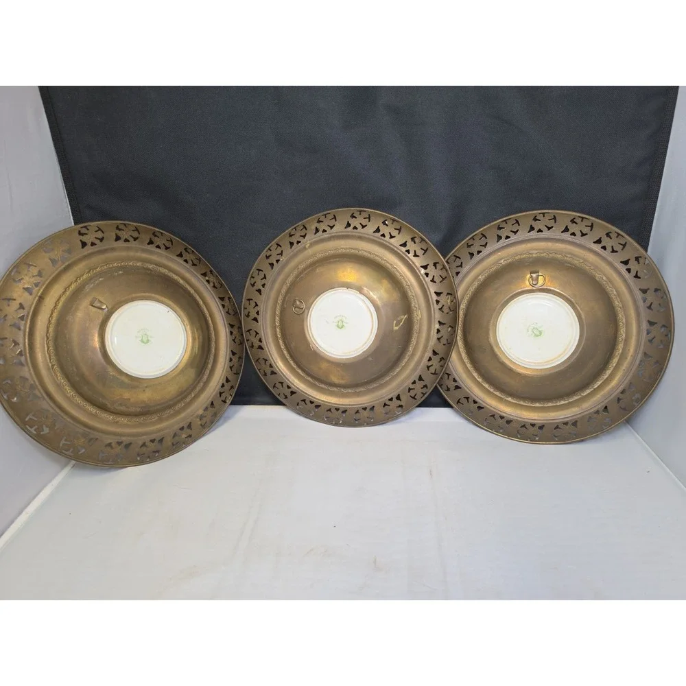 Set Of 3 Vintage Regency Bone Wall Decor Plate Mounted in Brass Filigree 10